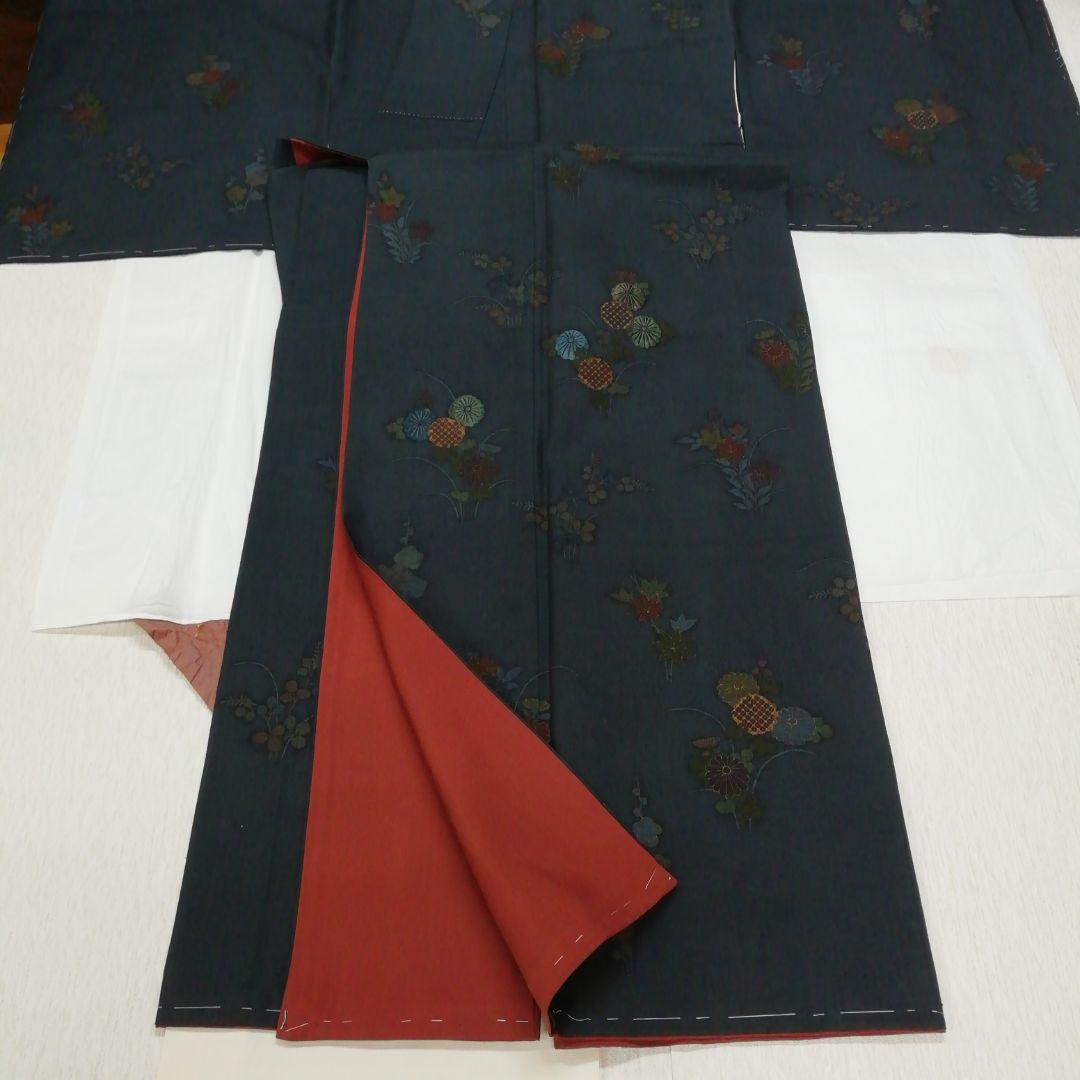 ❮未使用❯結城紬付け下げ▪限りなく紺色に近いグリーン地に小花模様肩身丈162.5