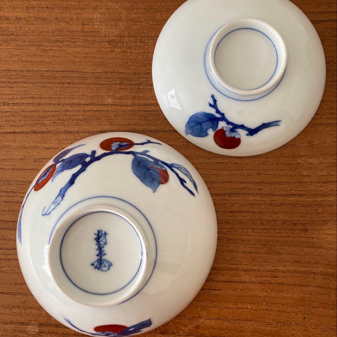 ◆ 酒井田柿右衛門 飯碗 蓋付 小 染錦柿文 箱なし ◆