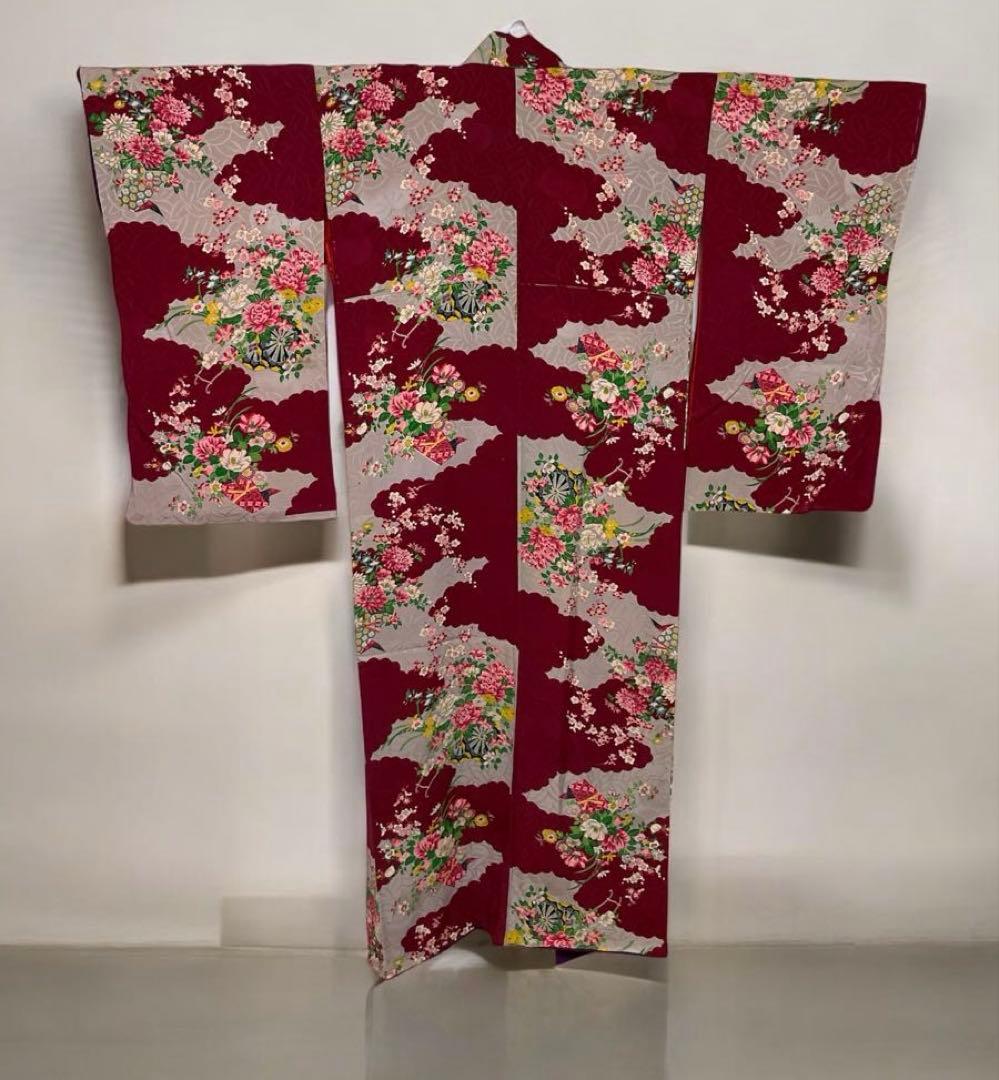 アンティーク大正ロマン　レア花づくしの着物　七五三着物　十三詣りアンティーク着物