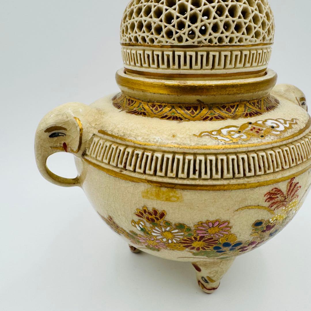 【白薩摩　光石窯　象耳香炉　色絵付け】骨董　アンティーク　インテリア