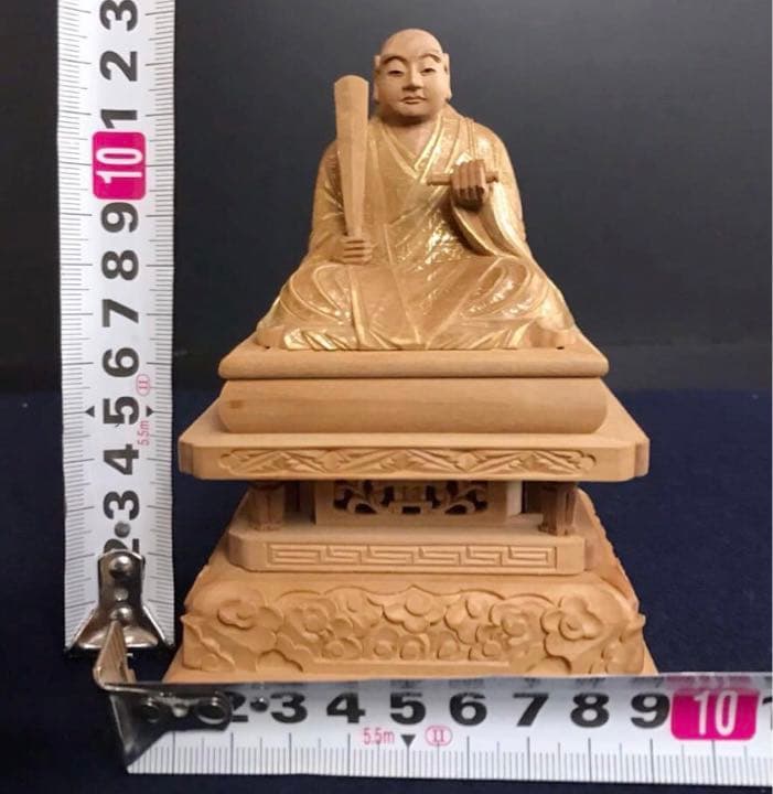 日蓮聖人座像 総白檀 金泥書 細密彫刻 日蓮宗 仏像 仏教美術 未使用保管品