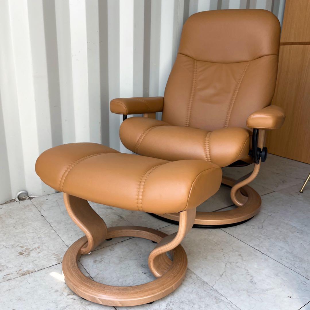 取付無料！エコーネス ストレスレス コンサル 本革キャメルリクライニングソファ✨