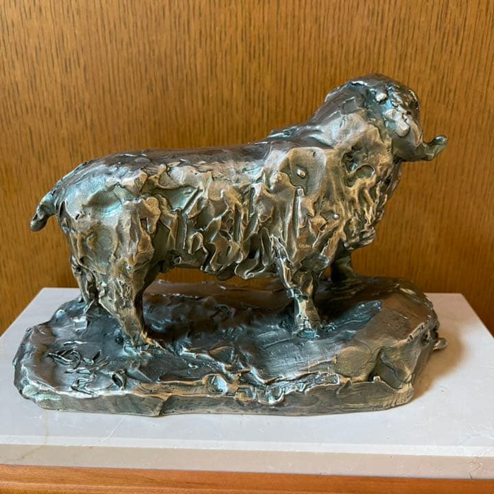 置物 北村西望作【干支未】 高岡銅器 ブロンズ像　桐箱　大理石天板/木製台座物