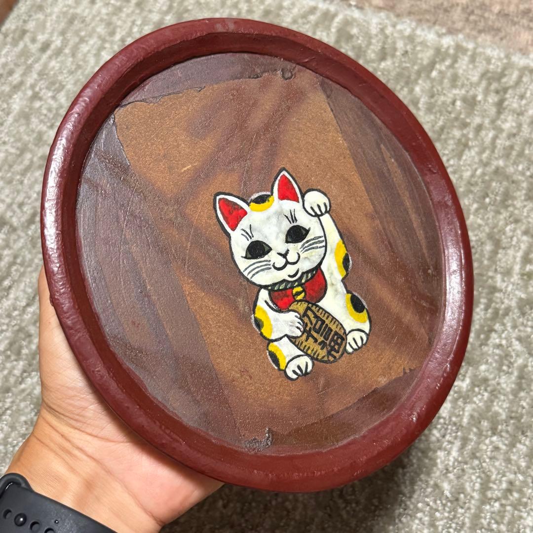 稀少 備前焼 招き猫図 皿 銘有 昭和レトロ