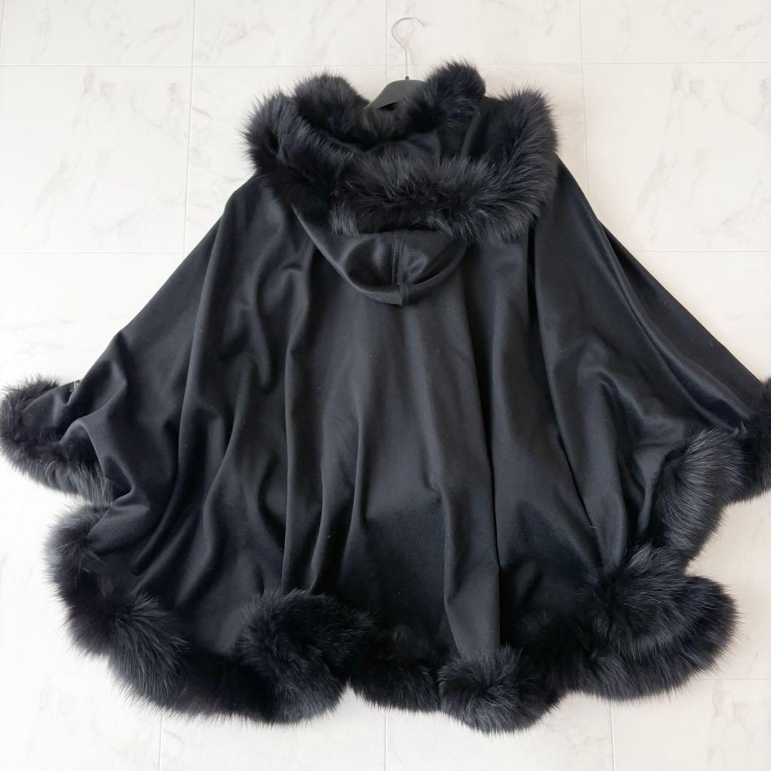 最高級✨艶感 カシミヤ100% フォックファー フーディーポンチョ　極美品　黒