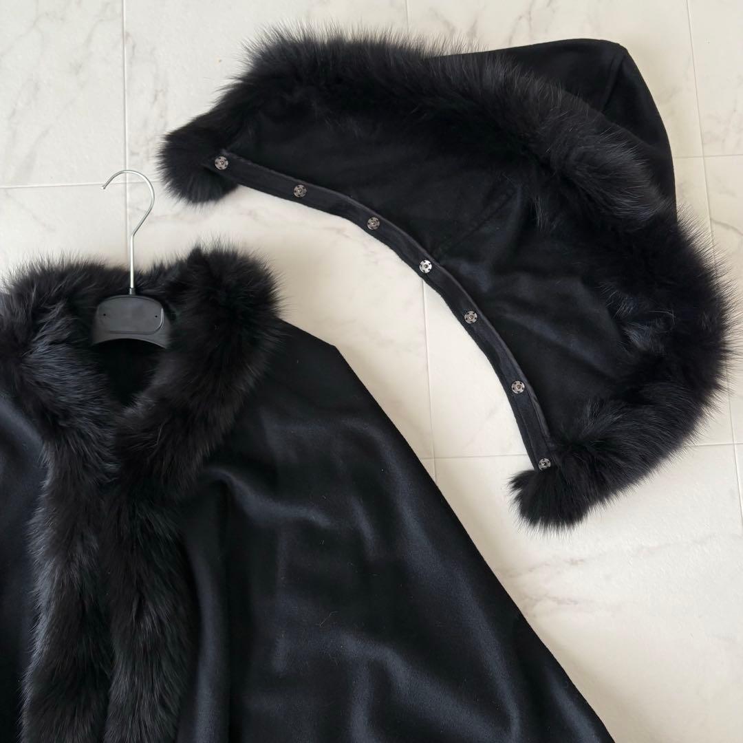 最高級✨艶感 カシミヤ100% フォックファー フーディーポンチョ　極美品　黒