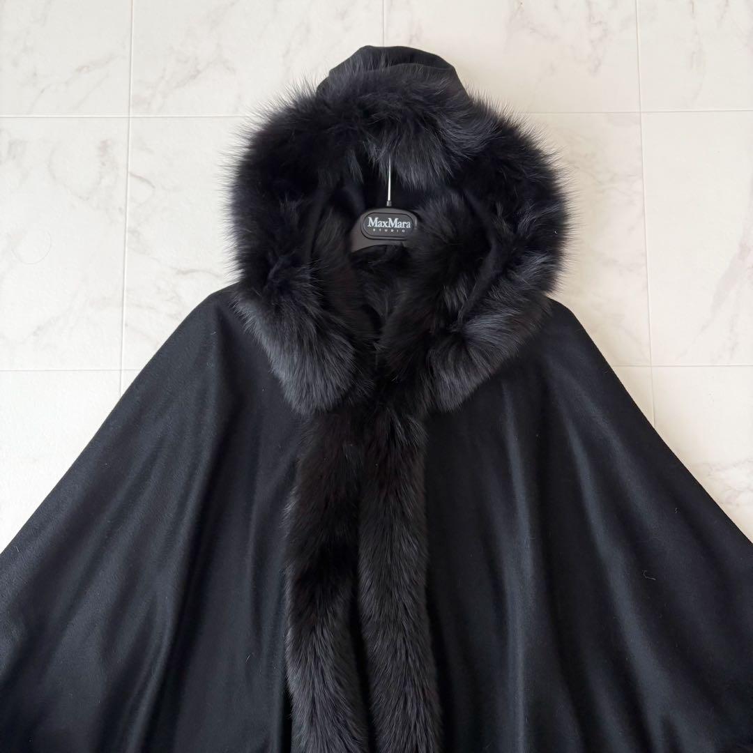 最高級✨艶感 カシミヤ100% フォックファー フーディーポンチョ　極美品　黒