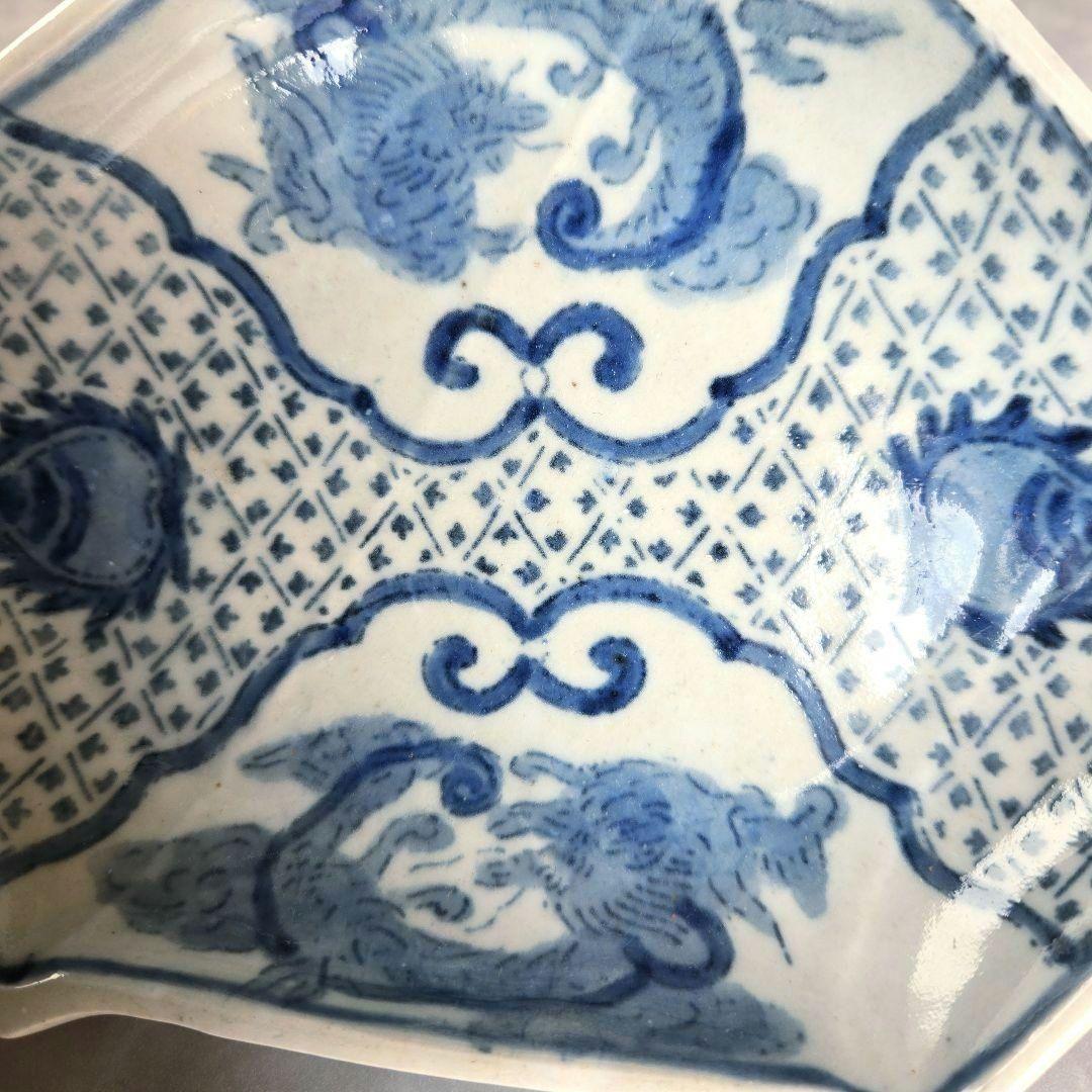 古伊万里　染付　変形皿　型紙摺　印判　龍　骨董　アンティーク　金直し　金継ぎ