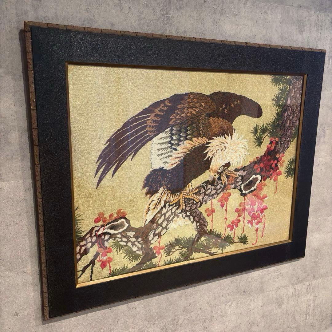 文化刺繍　昭和レトロ 額縁 大型 鷲 イーグル 刺繍画 刺繍アート 鷹 松
