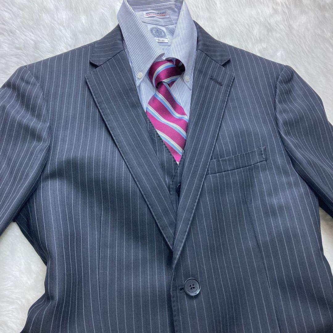 バーバリーブラックレーベル『3ピース』 ジャケット ベスト 黒 ストライプ 40