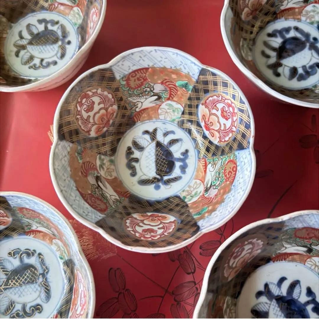 2242様感謝‼️春‼️伊万里錦手向付おひたしにはこれ‼️桃手鶴六弁花在銘向付鉢 5客