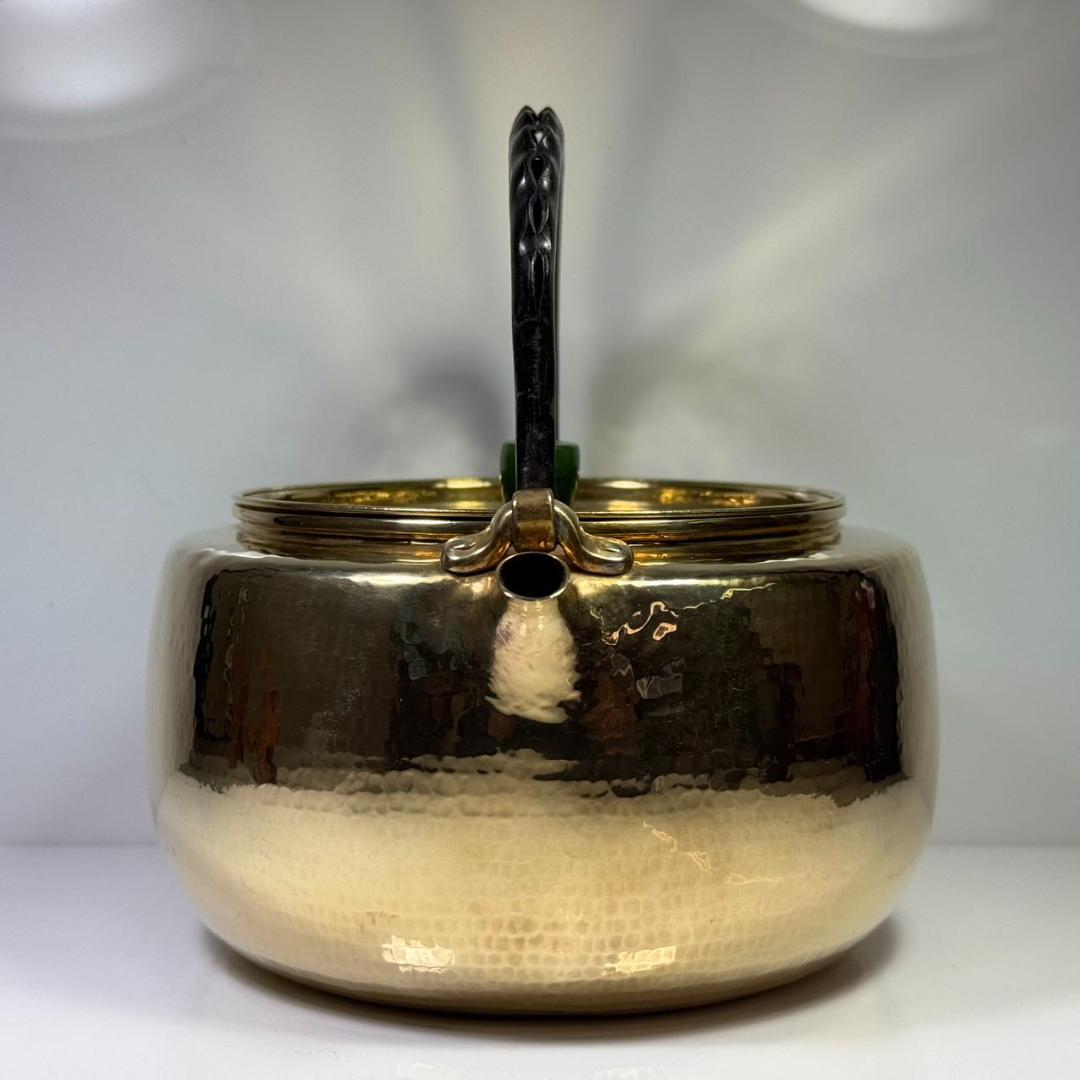 純銀製 北村静香造 槌目 金メッキ仕上げ 貴石摘 豆莢鉄手 湯沸 古美術品 銀瓶