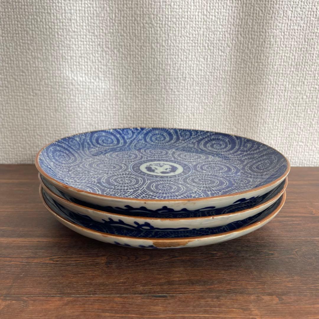 明治〜大正期 染付 蛸唐草文 皿 20cm 3枚揃い 古伊万里様式 和食器 骨董