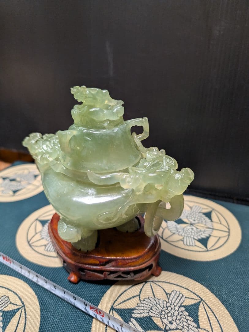 中国翡翠香炉 獅子装飾 置物 約10cm