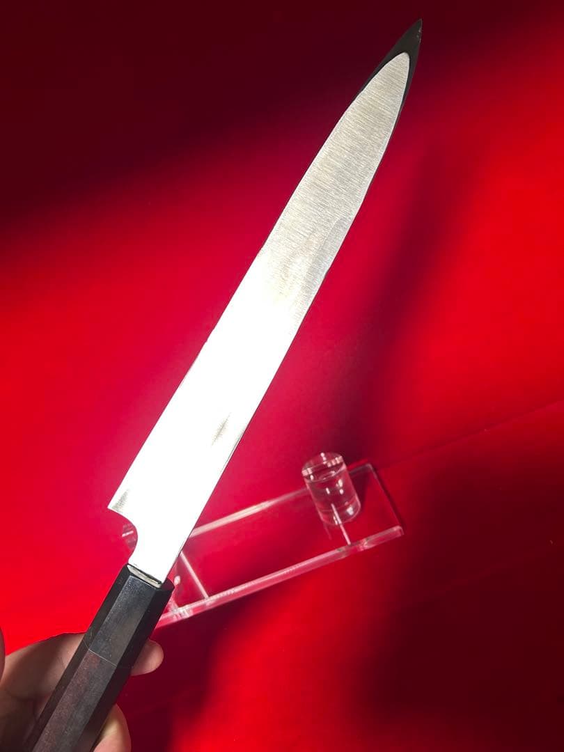 01541 包丁　柳刃　九寸　保勝　津軽打刃物　折り返し鍛錬墨流　地肌有　本刃付