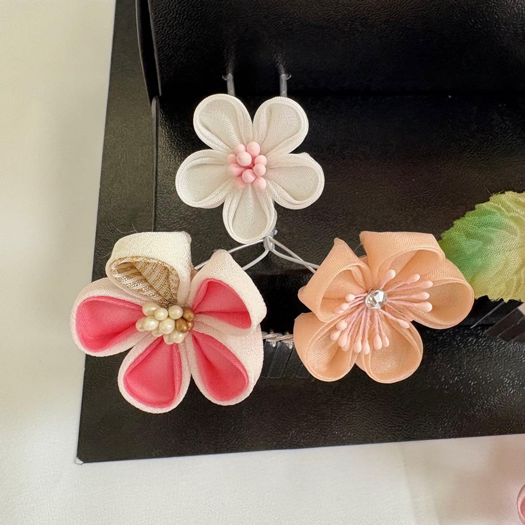 七五三 髪飾り 勝山かんざし 桜色 緑 7歳 つまみ細工