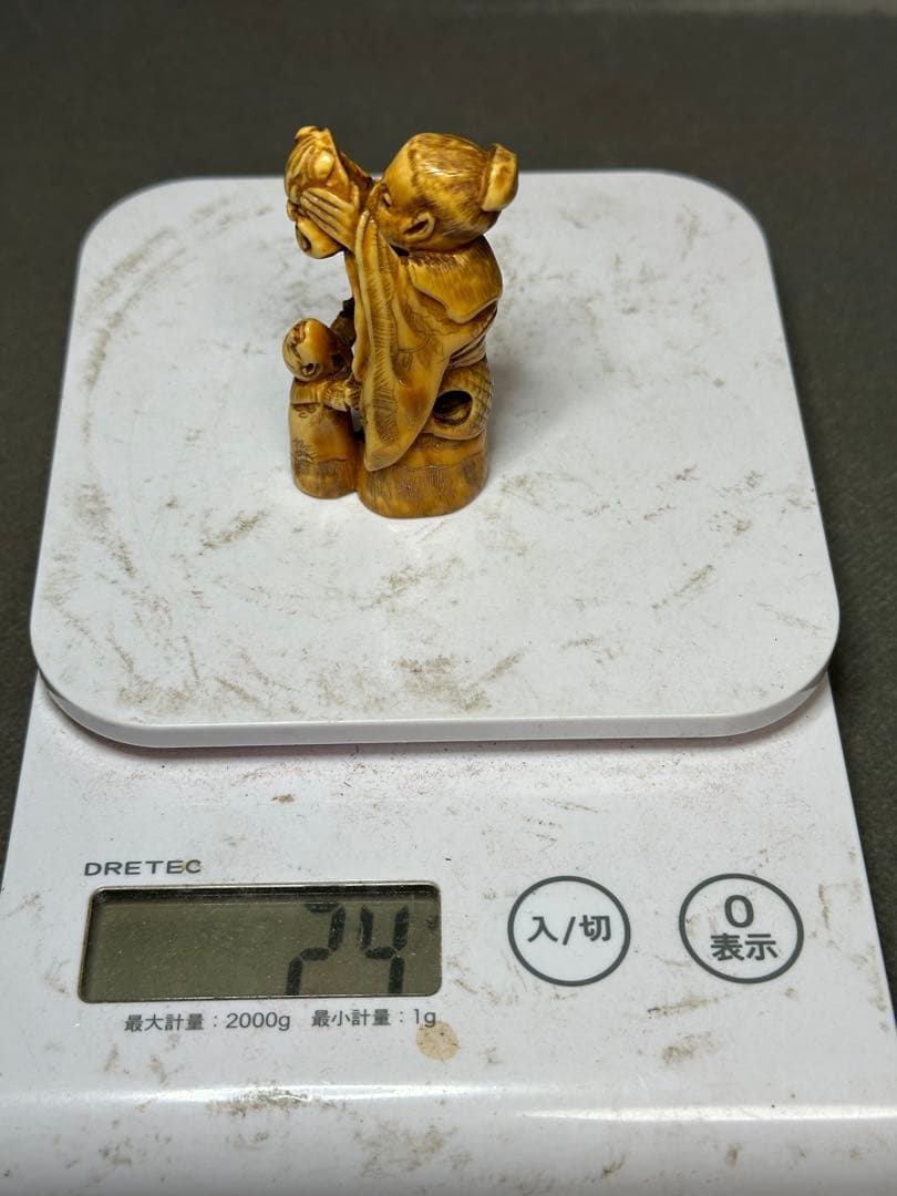 極上　根付　面と唐子　天然素材　アンティーク　和彫　置物　骨董　飾り物　古美術品