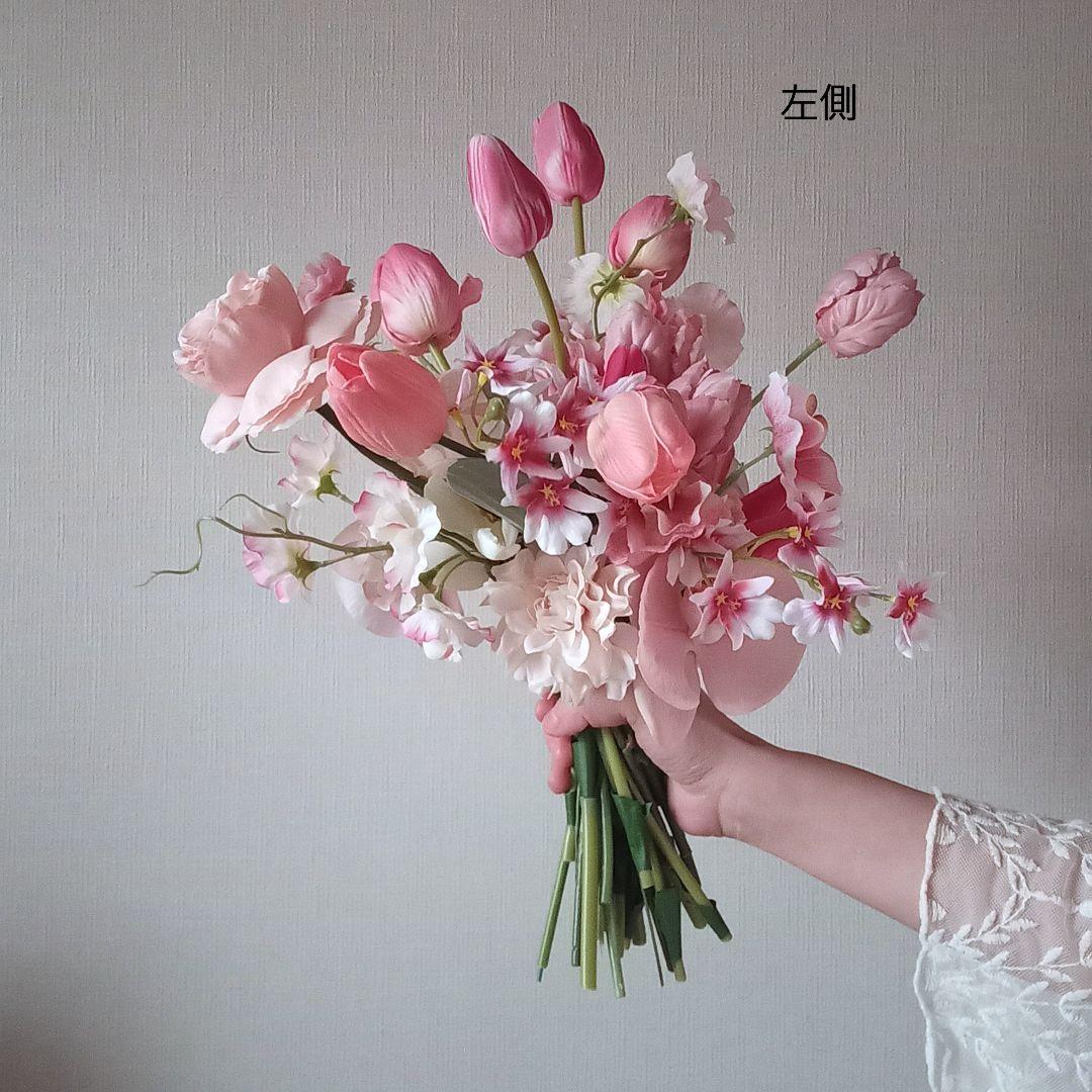 チューリップ　胡蝶蘭　スイトピー　ウェディングブーケ　サーモンピンク　造花