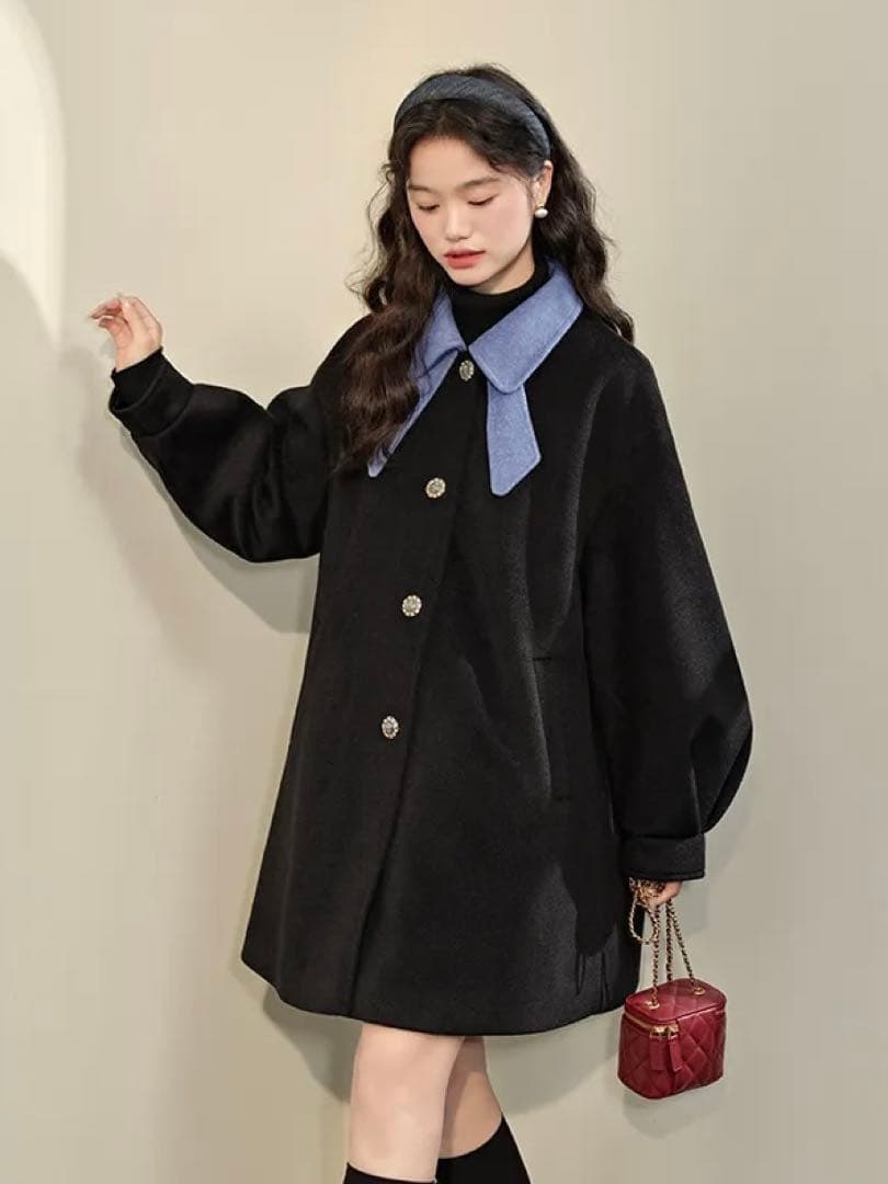 kuose ボウカラーコート　リボンカラーコート　配色　バイカラー　水色　黒