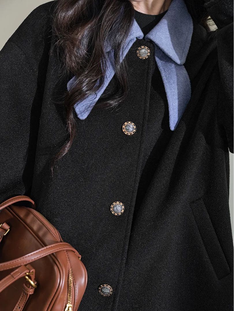 kuose ボウカラーコート　リボンカラーコート　配色　バイカラー　水色　黒