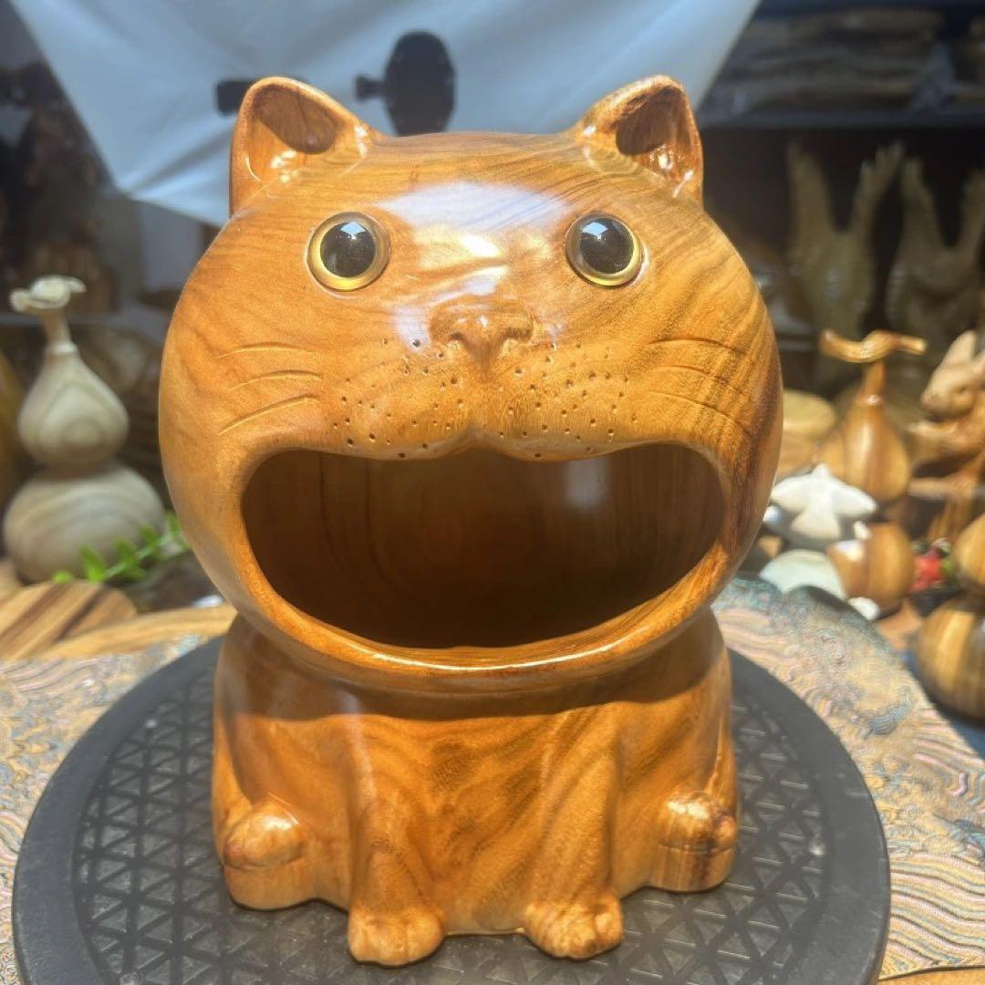 猫型木製置物 中型 ナチュラルウッド高22cm幅18cm