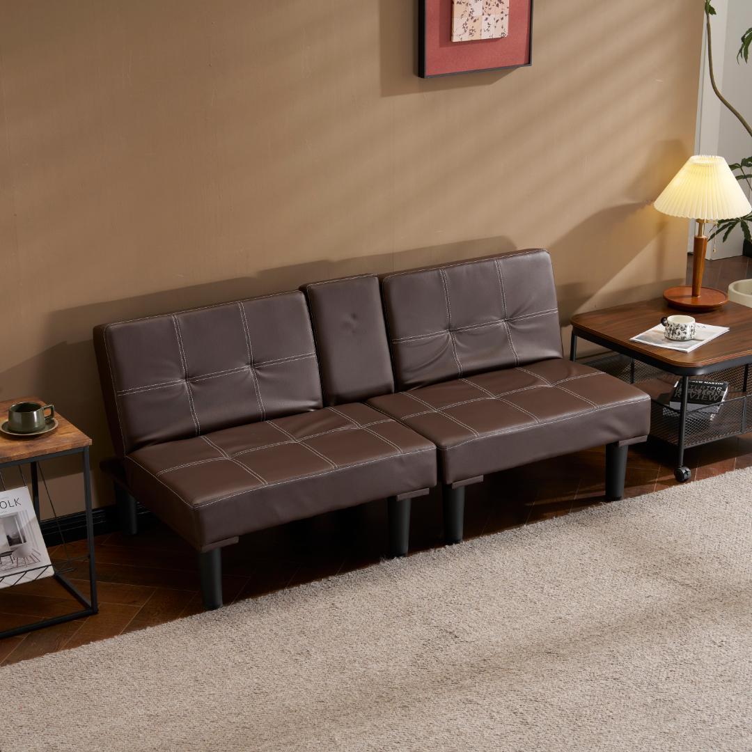 ソファベッド ソファ ベッド カップホルダー付き2人PU背もたれ3段階 ブラウン