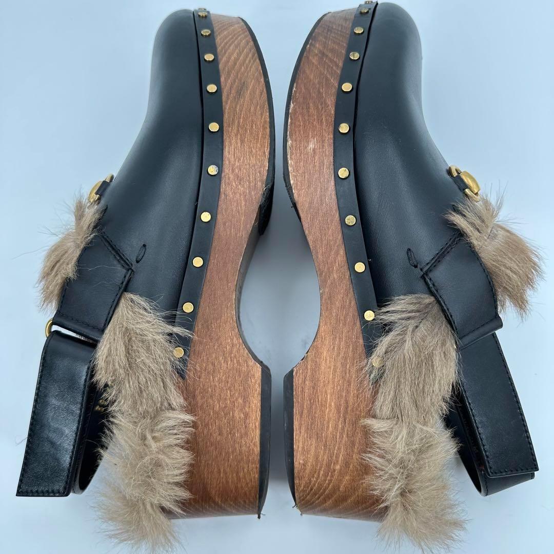 グッチ サボサンダル ファー 毛皮 レザー メンズ ヒール スタッズ ブラック黒