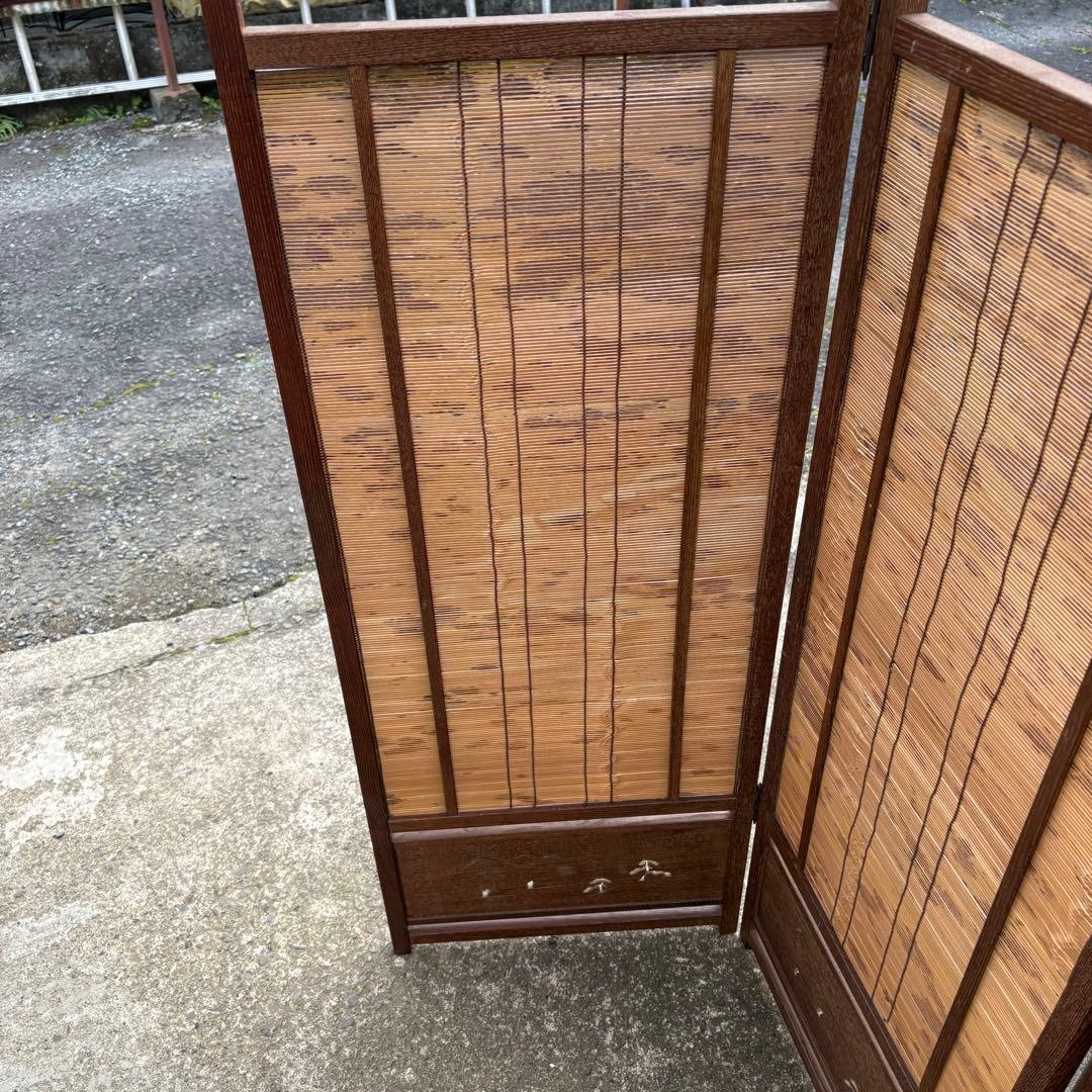 良品　和風 衝立 間仕切り 4連屏風 天然木 透かし彫り 簾屏風 折りたたみ