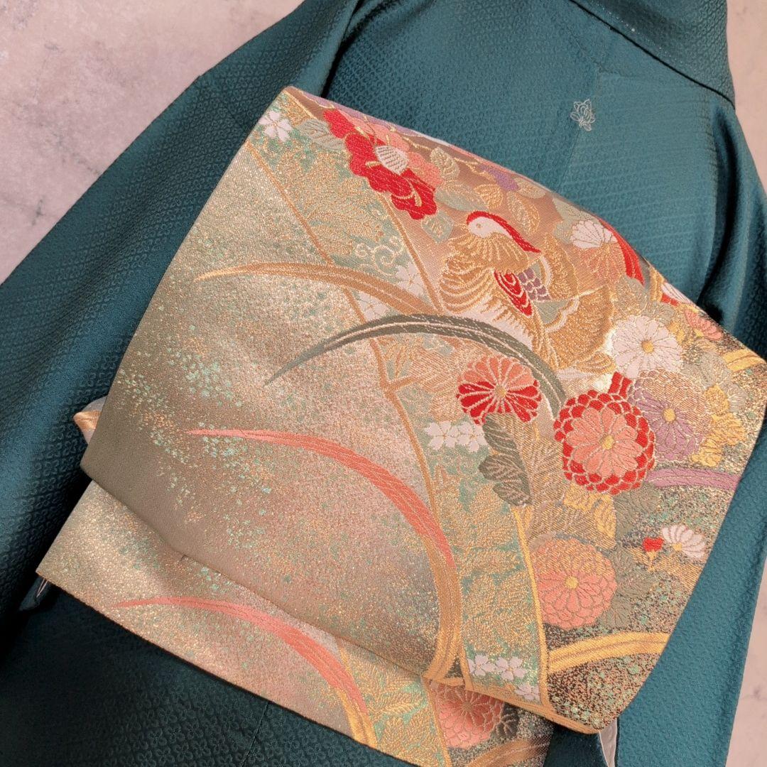 色無地＋長襦袢　着物　フルセット　正絹　比翼仕立て　青緑　O1