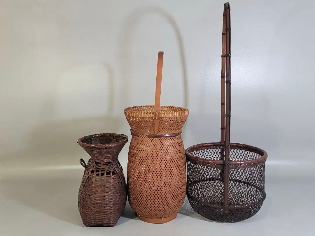 DT532 竹籠 花生 三件 在銘 作家物