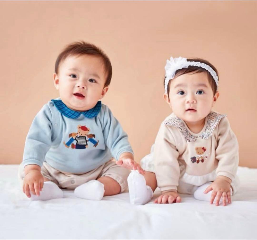 familiar カバーオール ベージュ/ホワイト