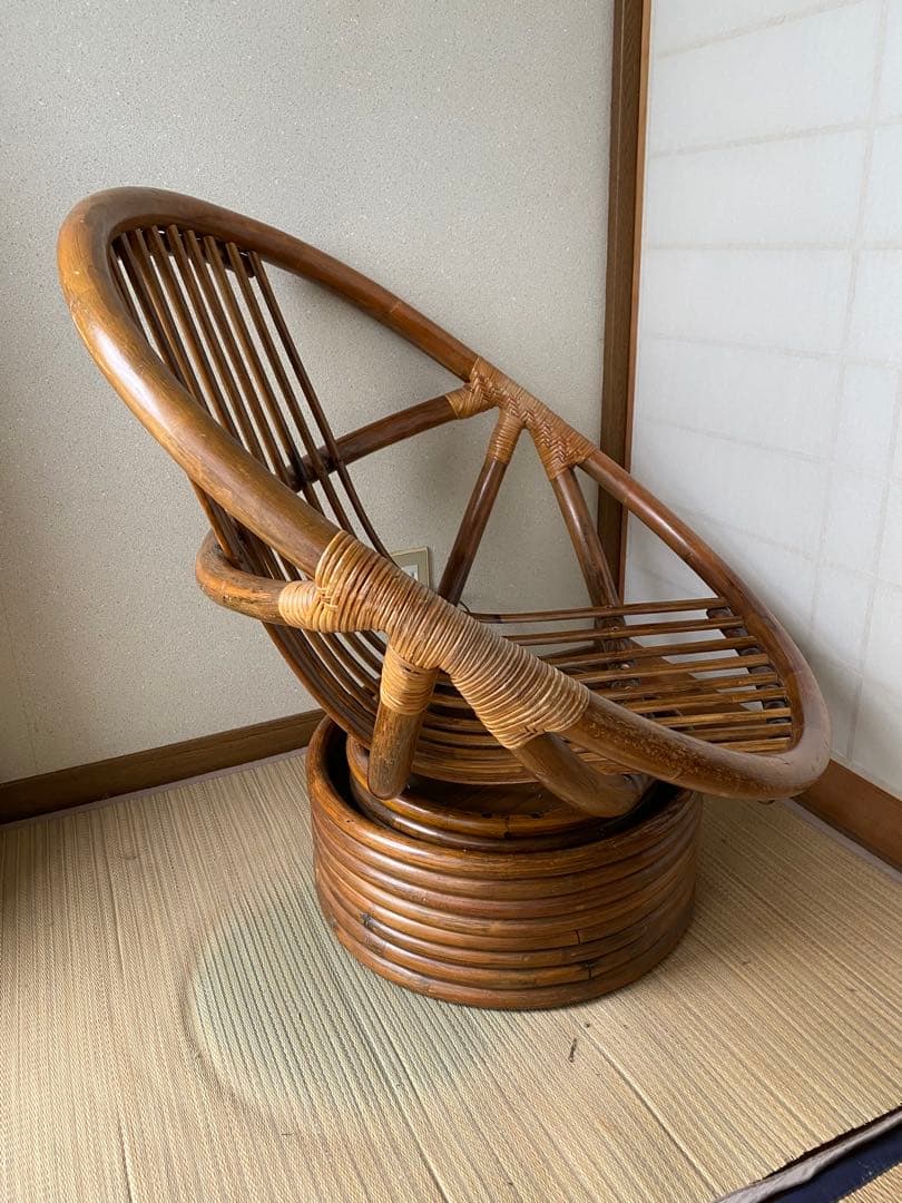 昭和レトロ 古家具 回転式ラタンチェア ラタンソファ エッグチェア 籐製 とう②