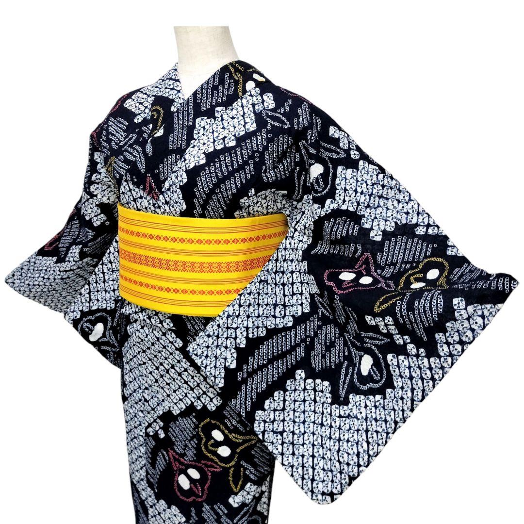 【有松鳴海絞り】浴衣　草花模様　手蜘蛛絞り　藍染　紺 高級　美品 花縞