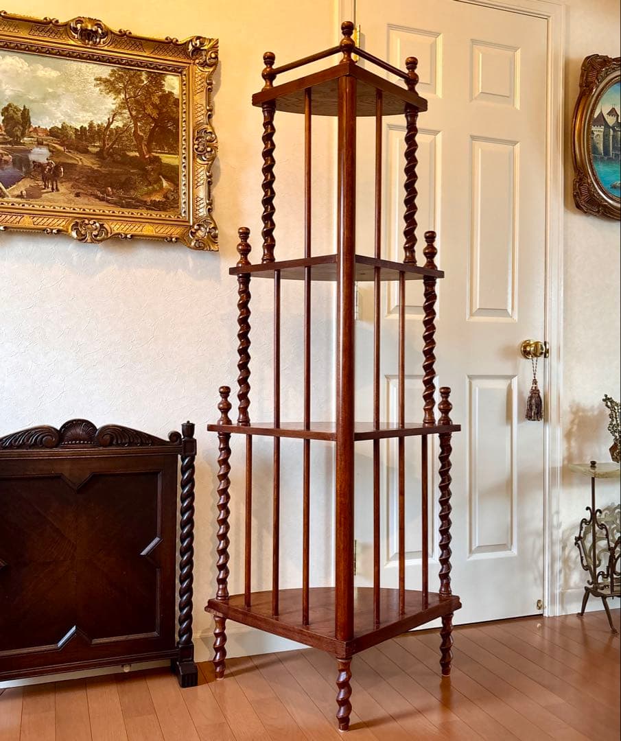 芋助様☆イギリス アンティーク コーナー シェルフ4段 オーク材 ツイストレッグ