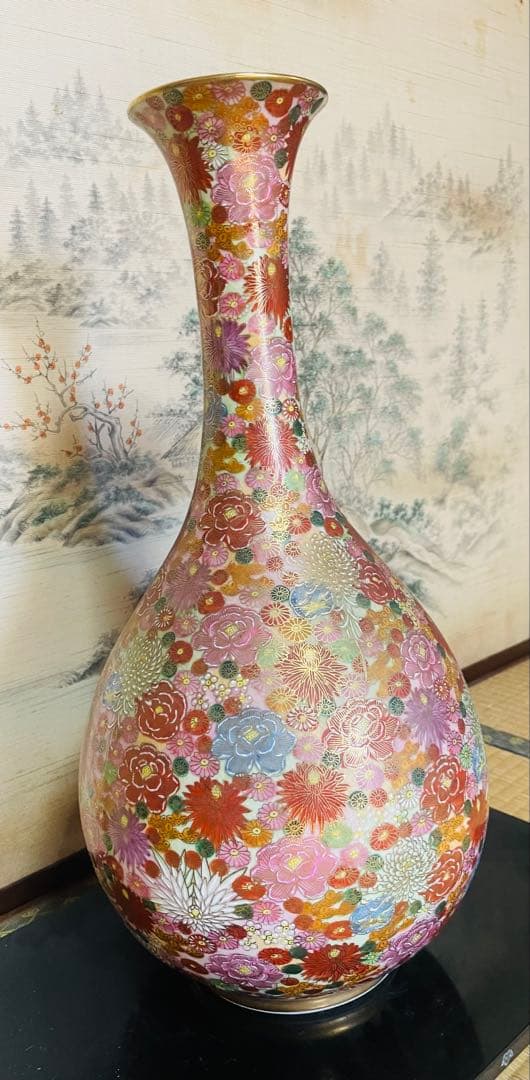 薩摩焼　飾り壺　花瓶　島津家紋入 丸十字　色絵　金彩　高さ46.5㎝ 大型　大壺