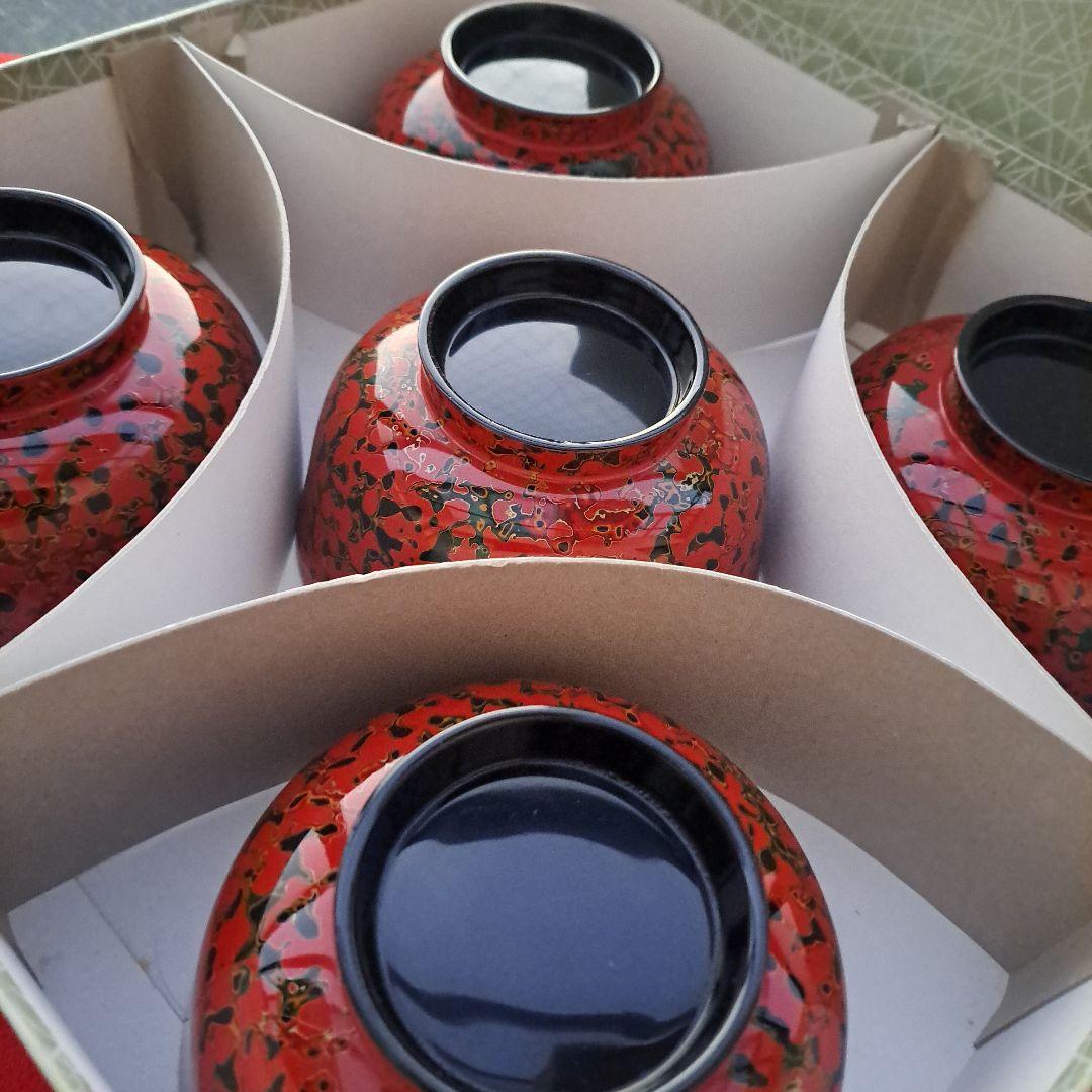 【津軽塗　唐塗　羽反型　汁椀×5客】天然木製　赤上　長期保管品