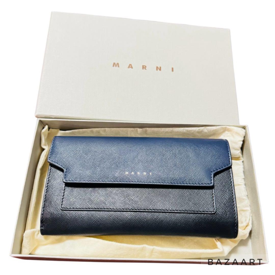 MARNI マルニ 折りたたみ 長財布 レザー ネイビー ブラック 黒 箱付き