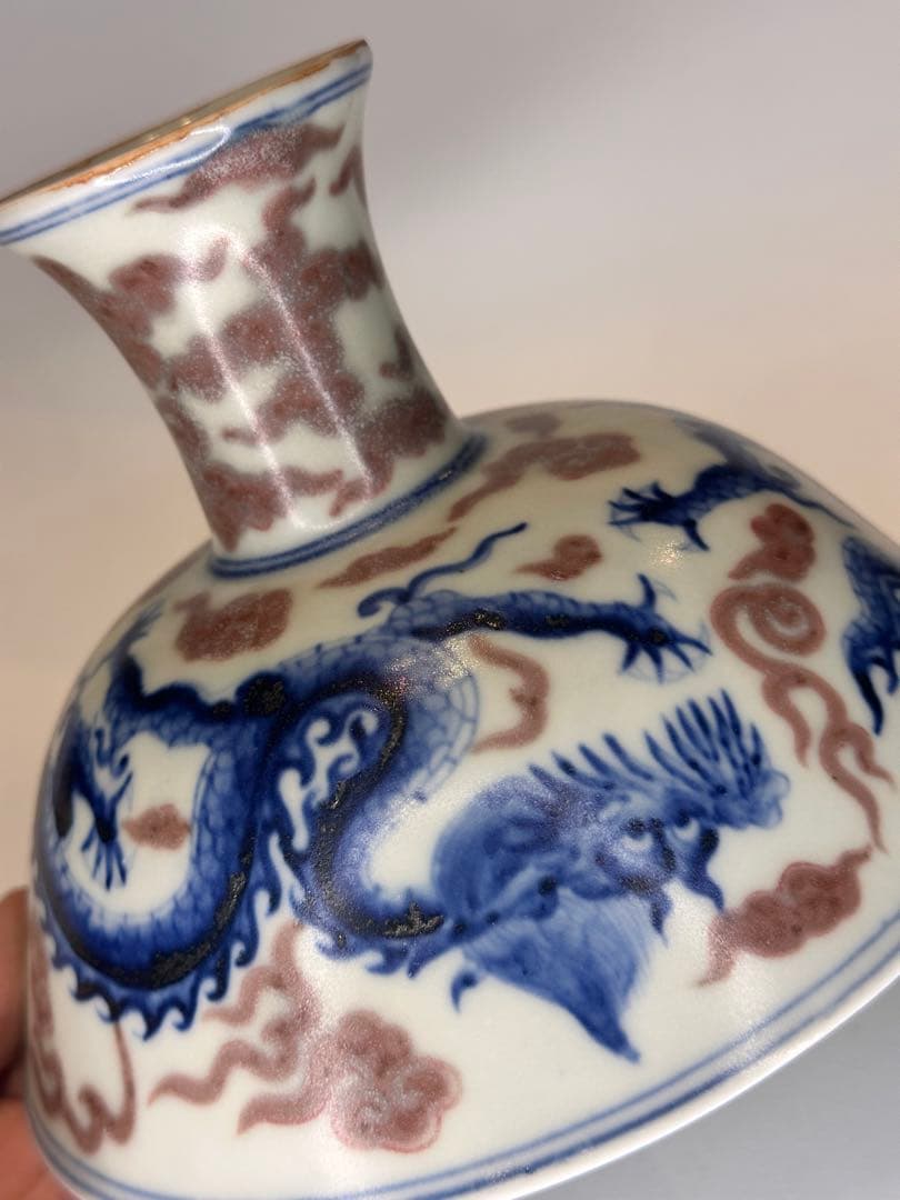 大明宣徳年製底款 高台高杯 青花染付 二龍戯珠文 瑞雲文 果子器 古董品 古陶磁