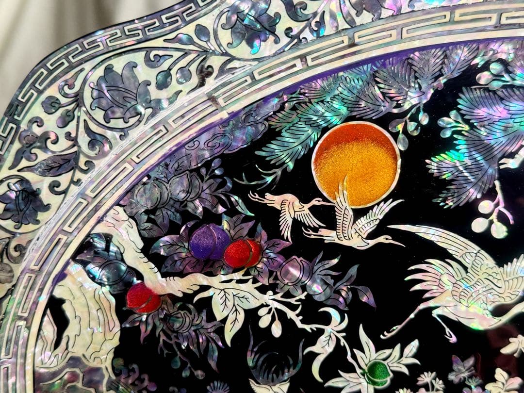 韓国製 螺鈿細工 飾り皿 桹材 金榮萬作 置物 シェル 工芸品 貝細工 トレー