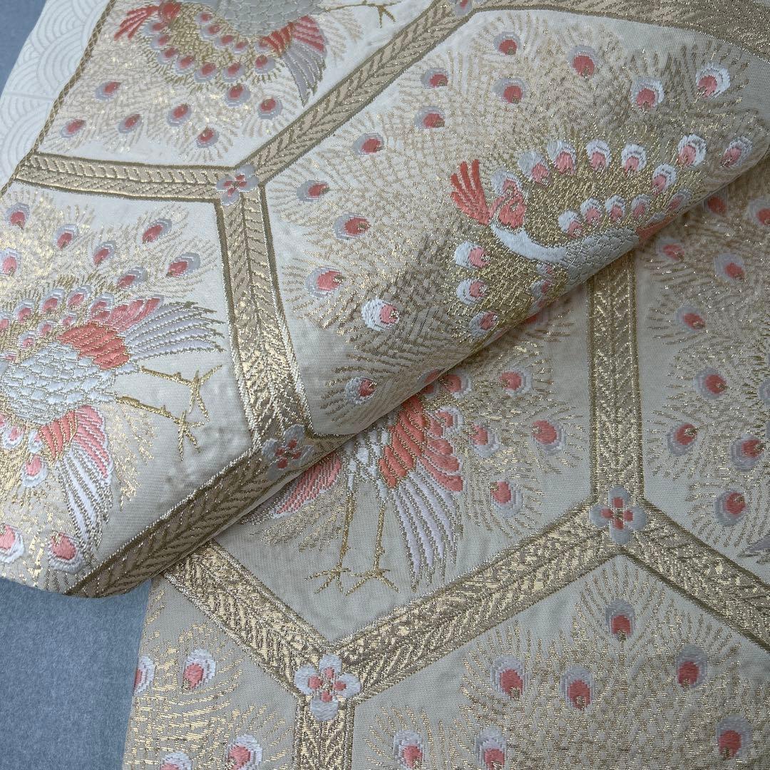 【純金箔錦 亀甲孔雀文】孔雀刺繍 六通柄袋帯 シルク製0105