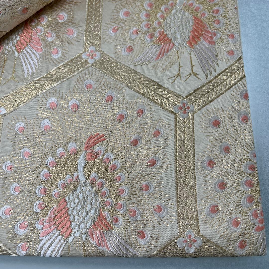 【純金箔錦 亀甲孔雀文】孔雀刺繍 六通柄袋帯 シルク製0105