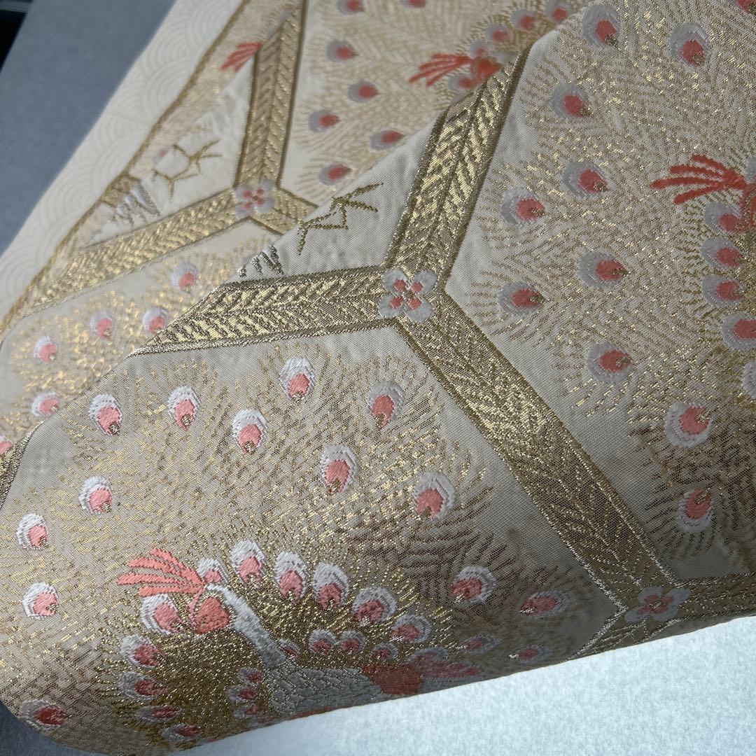 【純金箔錦 亀甲孔雀文】孔雀刺繍 六通柄袋帯 シルク製0105