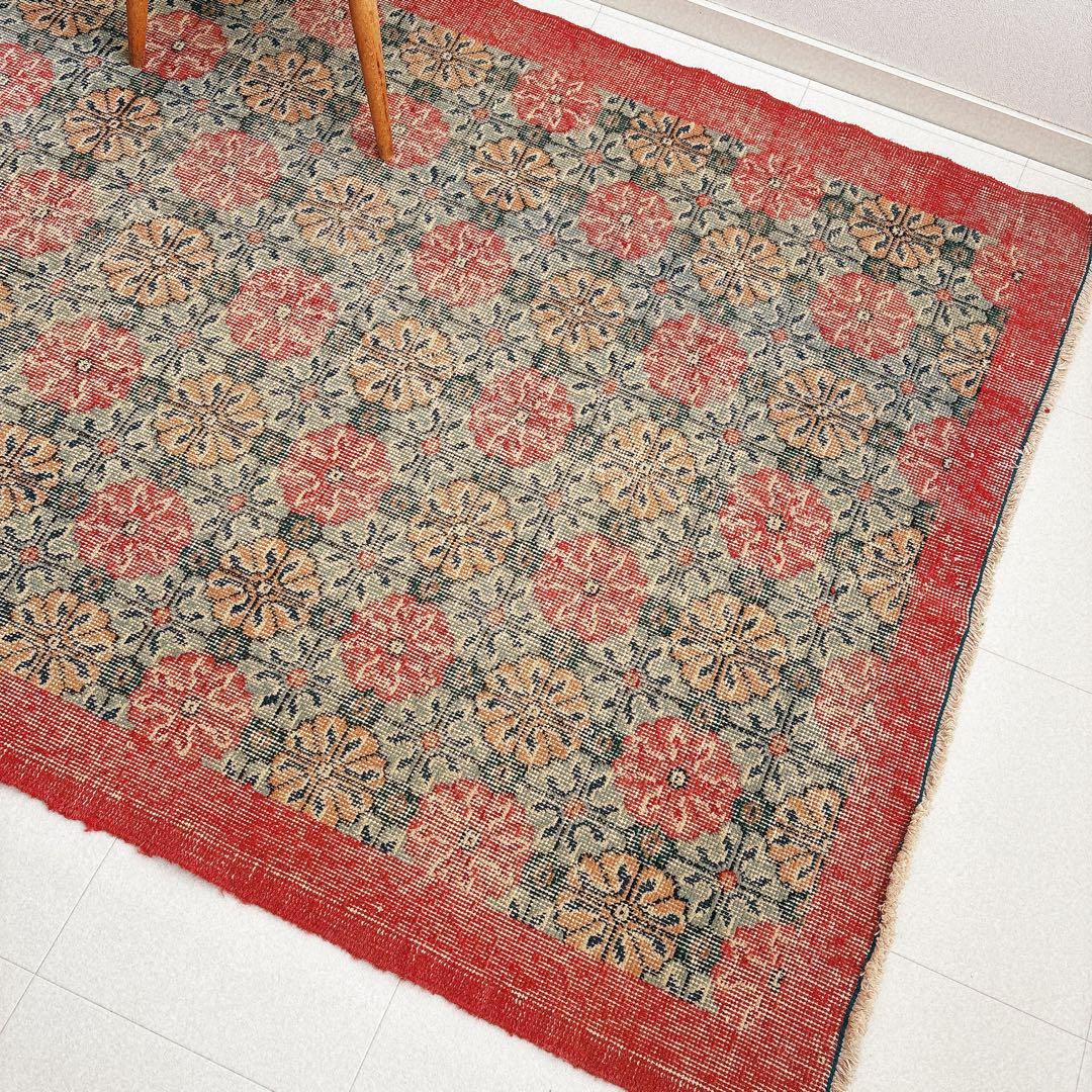 トルコ　ヴィンテージラグ　ピンク　グリーン