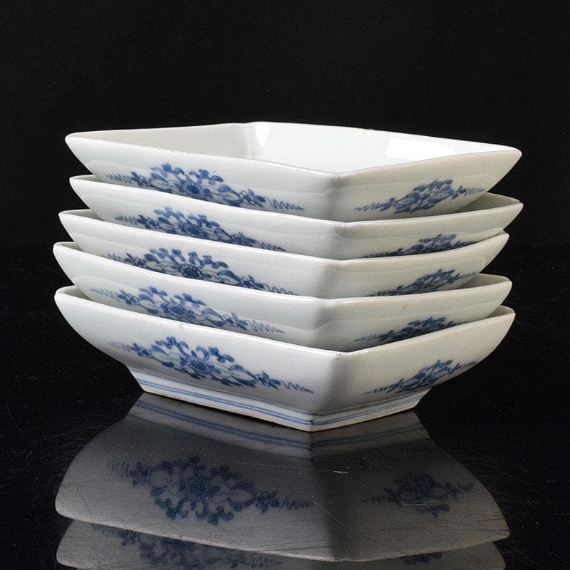 伊万里焼　古伊万里　大川地焼　染付　蓮文　四方向付　五客　時代箱　M　R8185