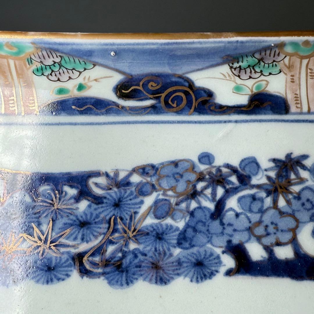 古伊万里　色絵松竹梅文様七寸長皿　冨貴長春　江戸時代　古陶を楽しむ　裏文様有