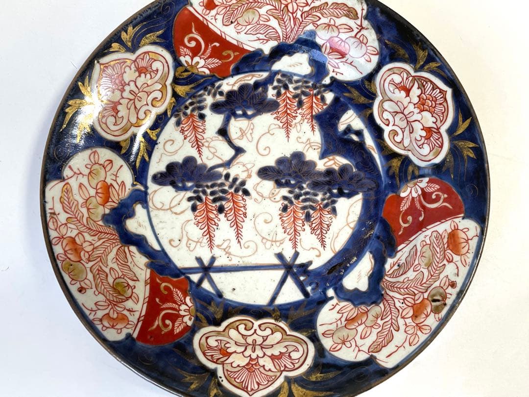 骨董　アンティーク　古伊万里　輸出伊万里　藤文様　藤棚　金襴手　色絵　丸皿　皿