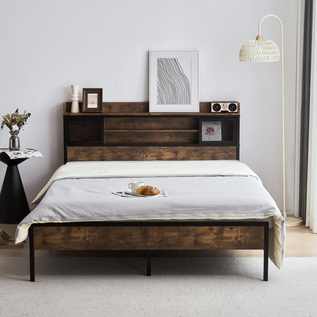 人気再入荷！D・ダブル　高級ベッドフレーム・コンセント付きBROWN