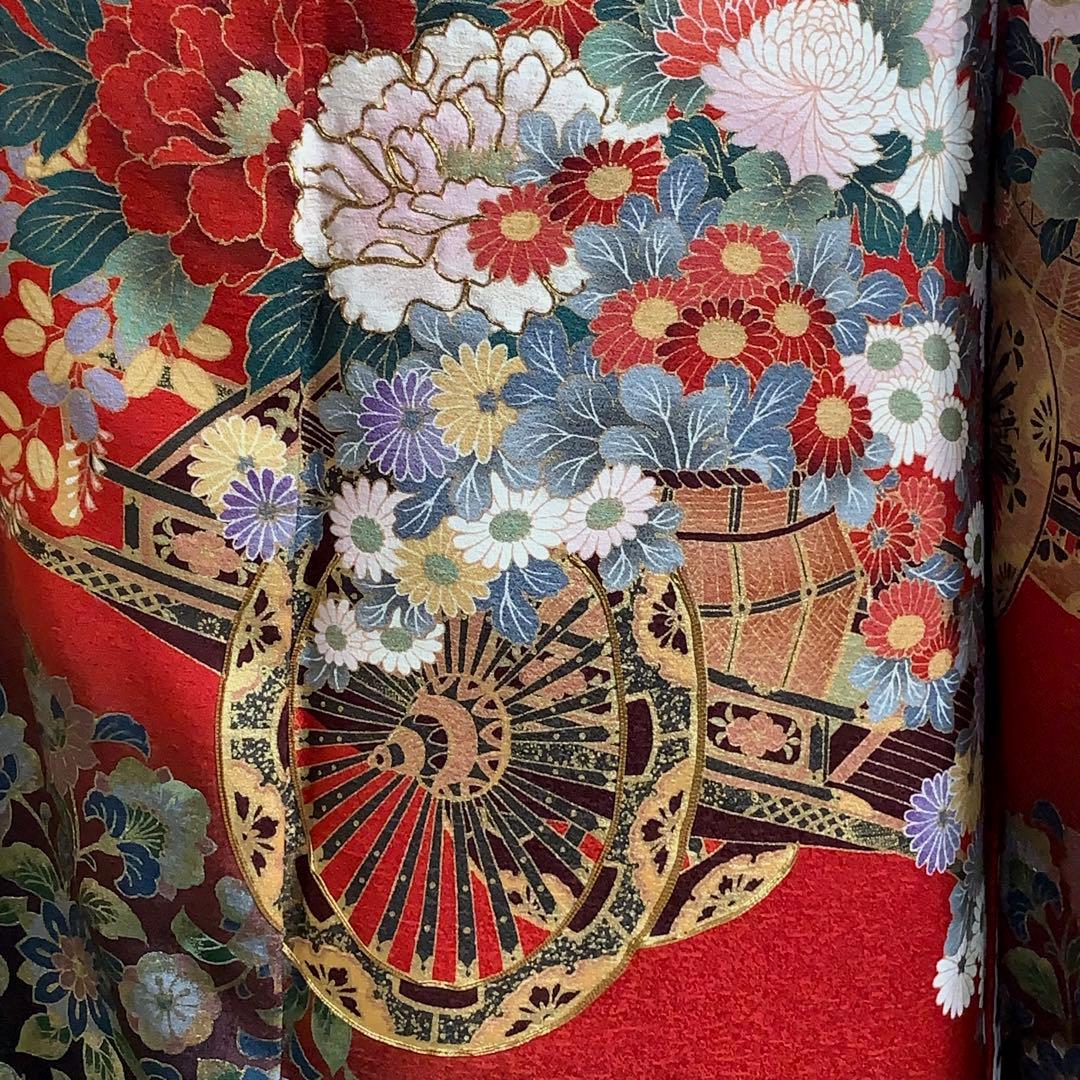 m*k様 【大特価】振袖　6点セット　蝶柄　花車　友禅　身丈166cm 朱赤系