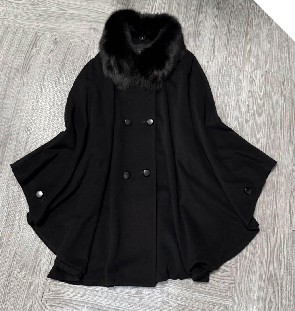 高級カシミヤ イタリア ブラック ファー ポンチョ ケープコート ウール 日本製