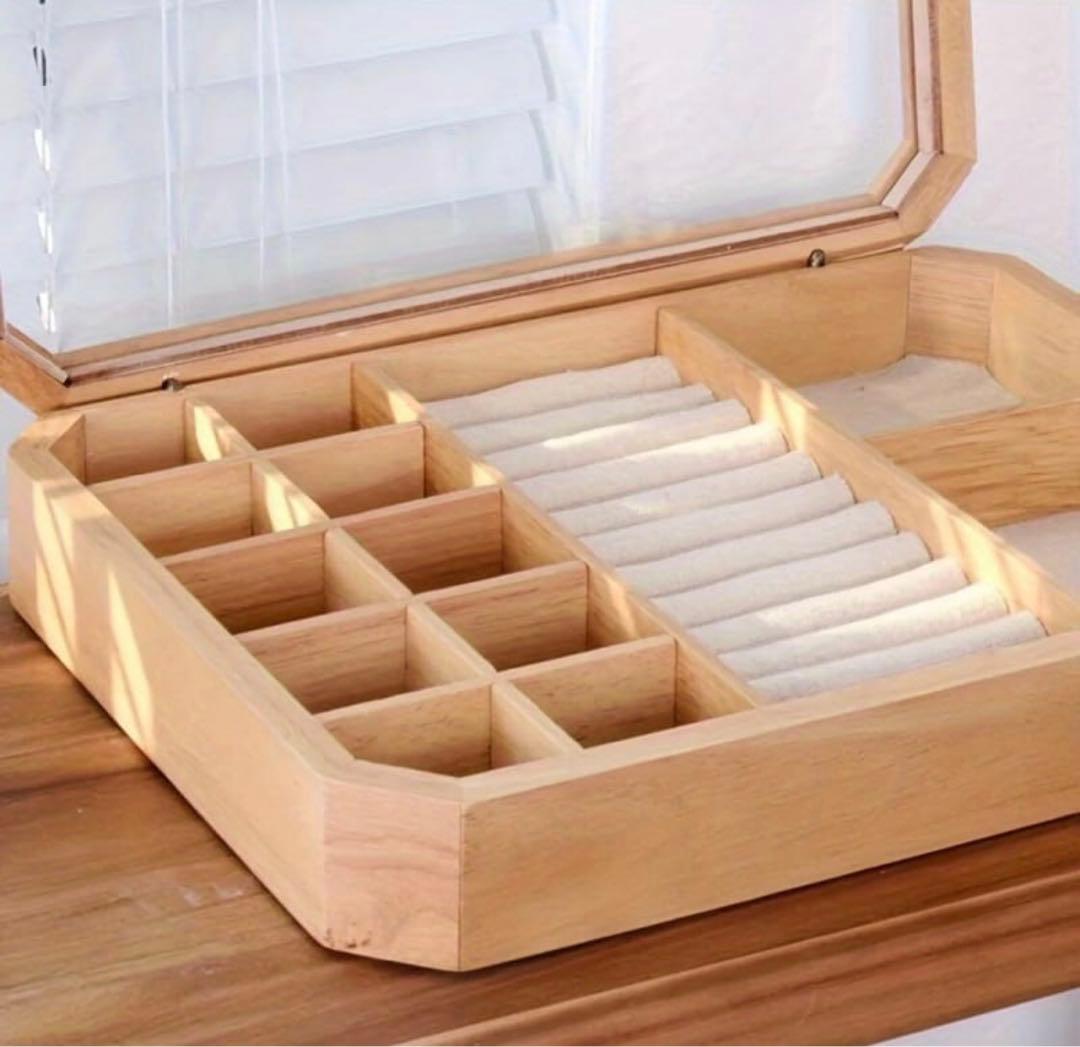 木製アクセサリー収納ケース ガラスフタ付き　ウッドジュエリーボックス